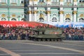 Two self-propelled artillery cannons Msta-S on a dress rehearsal of a military parade