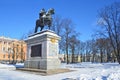 St. Petersburg, Russia, February, 27, 2018. The monument to Emperor Peter the Great near Mikhailovsky castle in the winter i su y Royalty Free Stock Photo