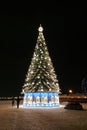 St. Petersburg, Russia. New Year and Christmas. Garlanded trees and colorful lanterns. Christmas tree in the city center