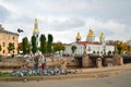 The man and the woman feed pigeons on the city embankment of Griboyedov canal in the background the St. Nicholas Naval Cathedral Royalty Free Stock Photo