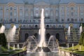 The `Samson Who Is Breaking Off a Lion Mouth` fountain against the background of the Grand Peterhof Palace