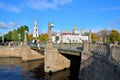 View of the Pikalov bridge and Nikolsky Cathedral on a Sunny fall day