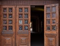 St. Petersburg, Russia - May 1, 2020,.Old wooden doors, entrance to the historic building, drawings on glasses Royalty Free Stock Photo