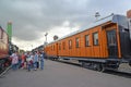 ST. PETERSBURG, RUSSIA.School excursion group in the Museum of railway equipment