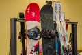 St. Petersburg, Russia - 01.01.2019: Ski and snowboards stand at desk of a ski resort in winter