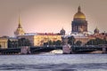 St. Petersburg, Russia - September 1, 2019 - View of St. Isaac`s Cathedral on a summer evening Admiralty building from the Neva.