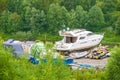 2019, St. Petersburg, Russia, a yacht parked in a dock on land, parked in a Parking lot