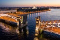 St. Petersburg, white nights, divorced spans Bolsheokhtinsky bridge. The main attraction of summer Petersburg. Photo from drone