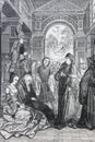 St. Robert refuting the Tanghelin hersiac by Bernard van Orley engraved in a vintage book History of Painters, author Jules