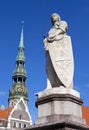 St. Roland Statue and St. Peter's Church in Riga Royalty Free Stock Photo