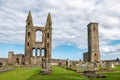 St Rules Tower, ruins of Saint Andrews Cathedral, and tourists below visiting this landmark