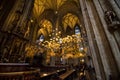 St. Stephen`s Cathedral in Wien downtown, seat of the Archbishop of Vienna, great interior of temple, sun rays shine on exhibitio