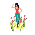 st strong brunette modern stylish woman with tulips the symbol of March 8