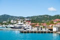 St.Thomas, British virgin island - January 13, 2016: luxury travel on boat, water transport. Yachts moored at sea pier on mountain Royalty Free Stock Photo