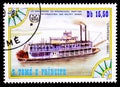 ST. THOMAS AND PRINCE ISLANDS - CIRCA 1984: A stamp printed in St. Thomas and Prince Islands shows steamship Chaperon Royalty Free Stock Photo