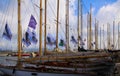 View on vintage sail ships with masts in a row in mediterranean Harbour on cloudy day