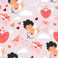 Valentine\'s Day Pattern. Seamless Pattern with Cupid, Hearts, romantic Letters and clouds.