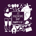 St Valentine Day banner template. Vector hand drawn illustrations on dark background. Design with Valentines Day symbols. Can be