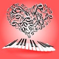 St. Valentine love card with hearts and piano keys. Music of love. Royalty Free Stock Photo