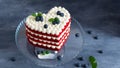St. Valentine`s Day Cake in heart shape. Romantic present. Sweet Valentine. Bakery, confectionery concept. Copy space