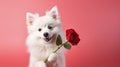 St. Valentine's Day concept. Funny portrait cute puppy dog holding red rose flower. Royalty Free Stock Photo