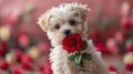 St. Valentine's Day concept. Funny portrait cute puppy dog holding red rose flower. Royalty Free Stock Photo