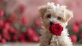 St. Valentine& x27;s Day concept. Funny portrait cute puppy dog holding red rose flower. Royalty Free Stock Photo