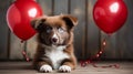 Funny portrait cute puppy dog with red baloons. Ai