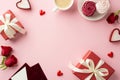 Top view photo of red gift boxes envelopes plate with meringue cup of coffee heart shaped candles red roses