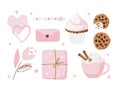 St. Valentine's Day decorative elements and Happy Valentine's Day text. Baking, hot drink, hearts, gift, envelope