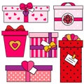 St Valentine`s day gift boxes. Romantic, love presents set. Colorful vector icons Royalty Free Stock Photo