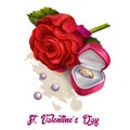 St. Valentine`s day holiday greeting card with rose flower, wedding ring in heart shape box and three pearls. Digital art Royalty Free Stock Photo