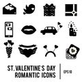 St Valentine`s day icons. Set of romantic, love holidays symbols. Printable black silhouettes Royalty Free Stock Photo