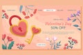 St. Valentine\'s Day Landing page template design. Lock and key in heart shape, gold and pink color with floral frame Royalty Free Stock Photo