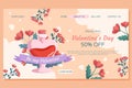 St. Valentine\'s Day Landing page template design. Love potion bottle concept illustration with red flowers behind Royalty Free Stock Photo