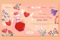 St. Valentine\'s Day Landing page template design. Love potion bottle two heart with wings demon and angel, flower