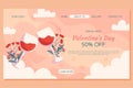St. Valentine\'s Day Landing page template design. Two glass of wine with flowers behind it on beige back white clounds.