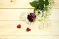 St. Valentine`s Day. Red rose and two hearts Royalty Free Stock Photo