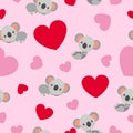 St ValentineÃ¢â¬â¢s Day. Seamless pattern. Baby koala lying and smiling. Cartoon style. Funny and cute. Red, pink hearts. Pink