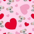 St ValentineÃ¢â¬â¢s Day. Seamless pattern. Baby koala lying and smiling. Cartoon style. Funny and cute. Red, pink hearts. Pink