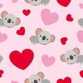 St ValentineÃ¢â¬â¢s Day. Seamless pattern. Baby koala lying and smiling. Cartoon style. Funny and cute. Red, pink hearts. Pink