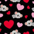 St ValentineÃ¢â¬â¢s Day. Seamless pattern. Baby koala lying and smiling. Cartoon style. Funny and cute. Red, pink hearts. Black