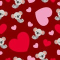 St ValentineÃ¢â¬â¢s Day. Seamless pattern. Baby koala lying and smiling. Cartoon style. Funny and cute. Red, pink hearts. Maroon