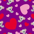 St ValentineÃ¢â¬â¢s Day. Seamless pattern. Baby koala lying and smiling. Cartoon style. Funny and cute. Red, pink hearts. Violet