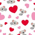 St ValentineÃ¢â¬â¢s Day. Seamless pattern. Baby koala lying and smiling. Cartoon style. Funny and cute. Red, pink hearts. White