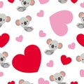 St ValentineÃ¢â¬â¢s Day. Seamless pattern. Baby koala lying and smiling. Cartoon style. Funny and cute. Red, pink hearts. White