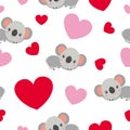 St ValentineÃ¢â¬â¢s Day. Seamless pattern. Baby koala lying and smiling. Cartoon style. Funny and cute. Red, pink hearts. White