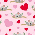 St ValentineÃ¢â¬â¢s Day. Seamless pattern. Baby koala sleeping on eucalyptus tree. Funny and cute. Red, pink hearts. Pink background Royalty Free Stock Photo