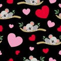 St ValentineÃ¢â¬â¢s Day. Seamless pattern. Baby koala sleeping on eucalyptus tree. Funny and cute. Red, pink hearts. Black background Royalty Free Stock Photo