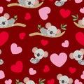 St ValentineÃ¢â¬â¢s Day. Seamless pattern. Baby koala sleeping on eucalyptus tree. Funny and cute. Red, pink hearts. Maroon Royalty Free Stock Photo